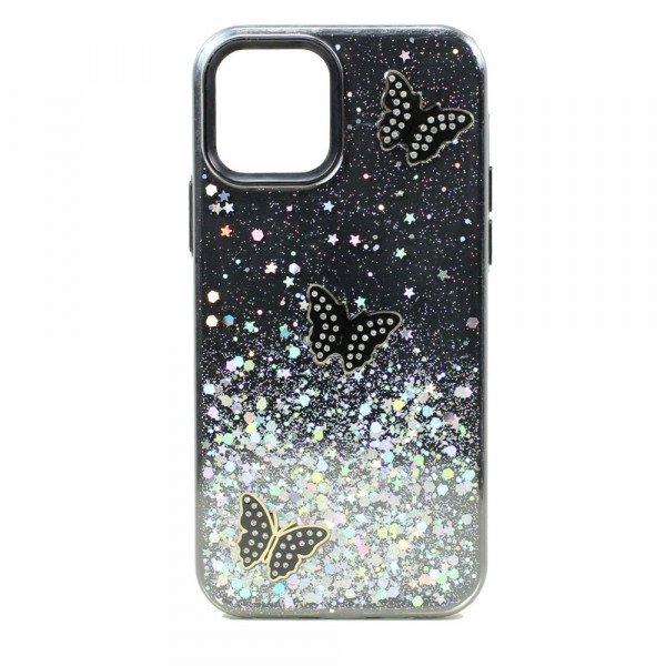 Wholesale Glitter Jewel Butterfly Double Layer Hybrid Case Cover for Apple iPhone 12 / 12 Pro 6.1 (Black)